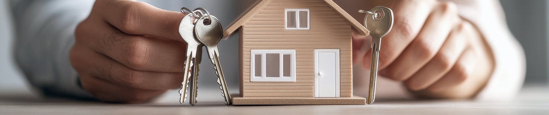 Een blij stel houdt de sleutels van hun woning vast met op de voorgrond een afbeelding van een huis